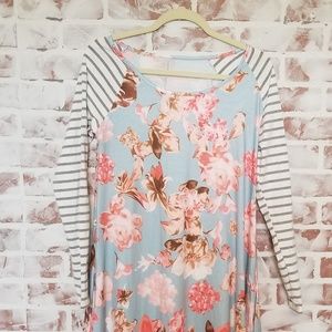 Cute Long Sleeve Floral and Striped Mini Dress